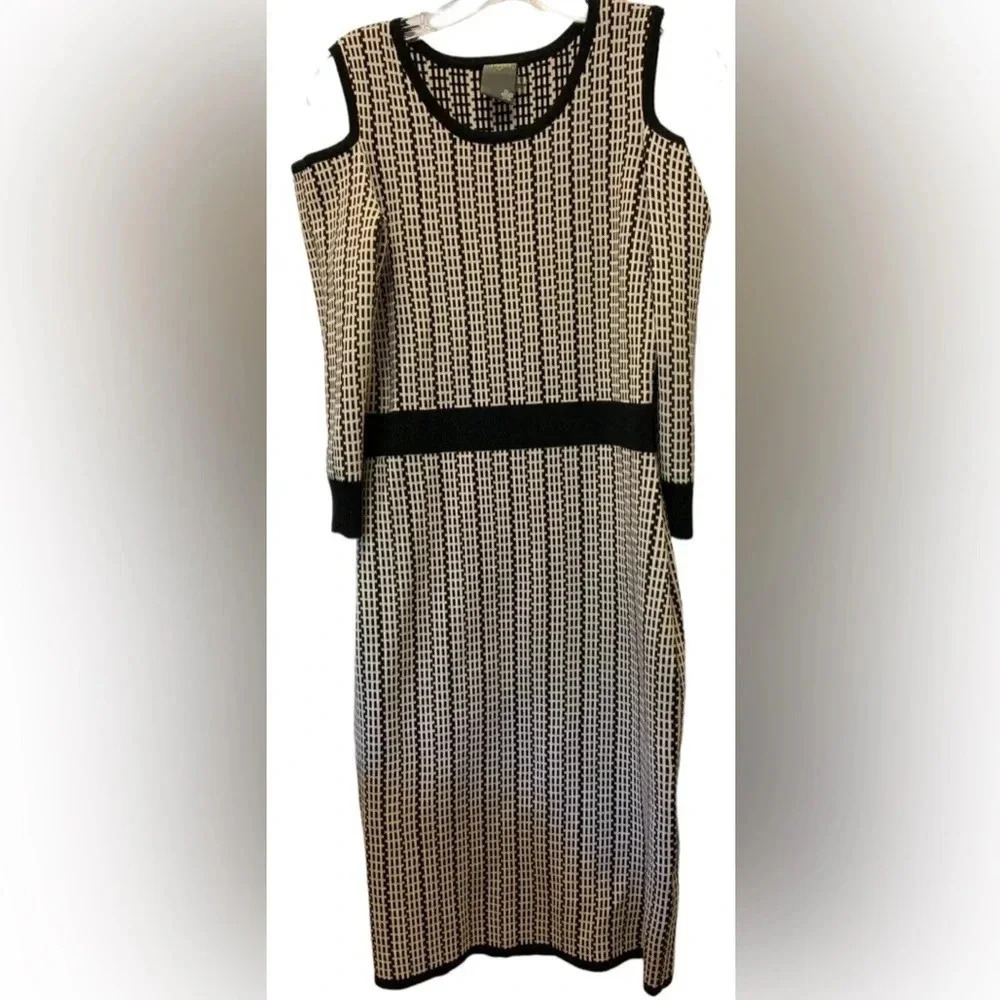 Taylor Women’s Dress Sz L Shoulder Cut 3/4 Sleeve  Stretch Black Beige NWOT